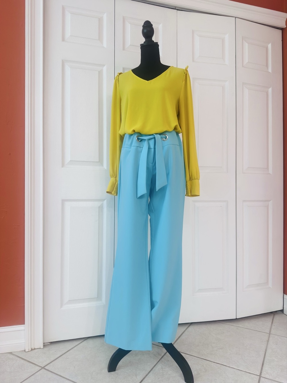 CACHE ~ Turquoise Flared Pants with Bow Strap Detail and Silver Toned Grommets